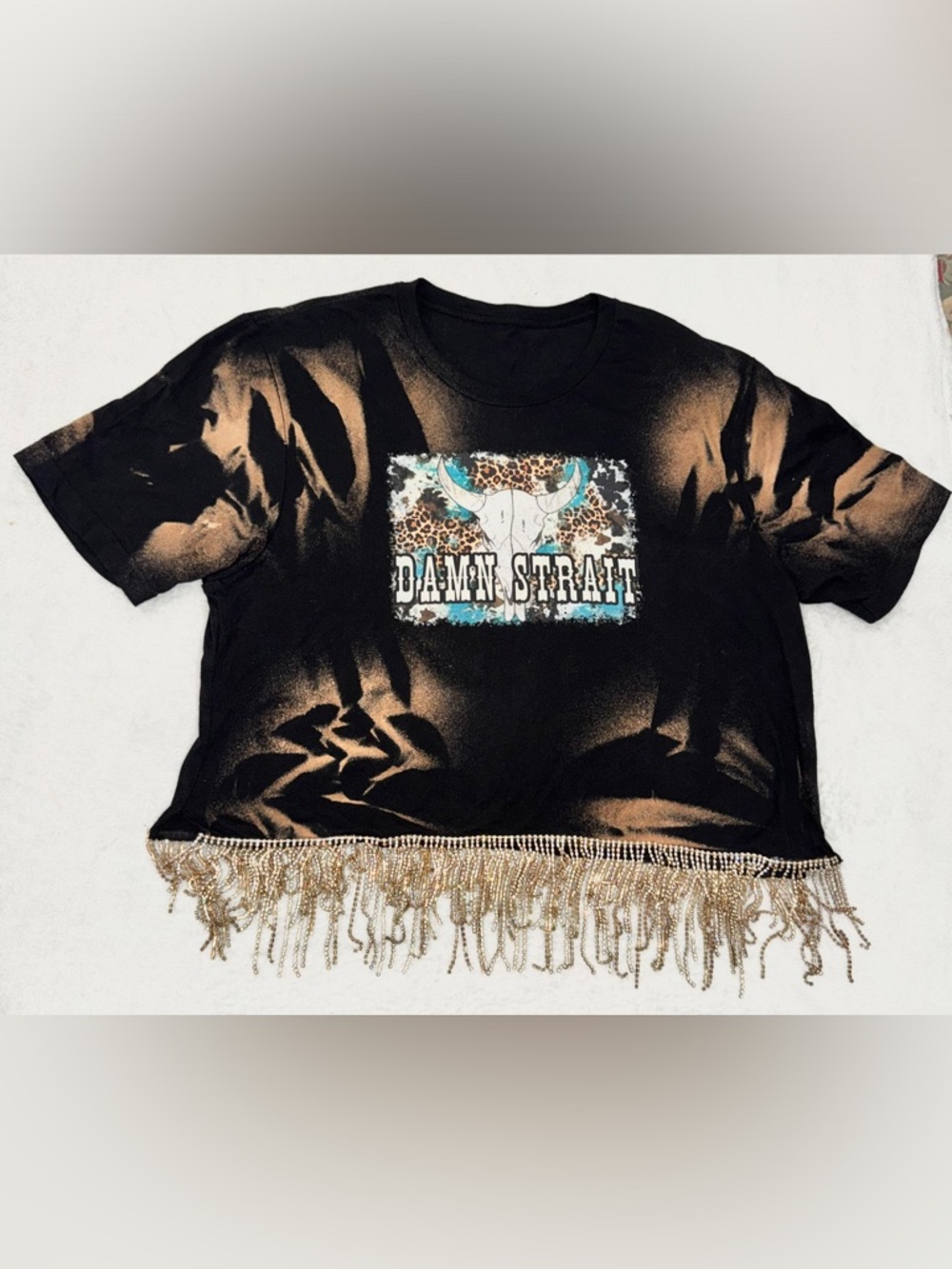 Damn Strait Fringe Crop Tee | Bleached Western Top | Boutique Festival Top | XL